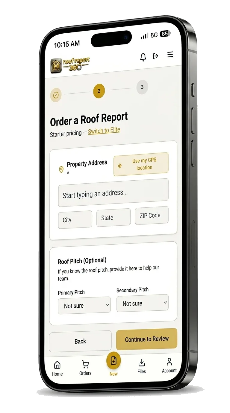 Roof Report 360 mobile app shown on a smartphone